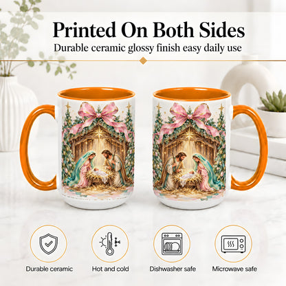 #pl[15oz|Orange] Nativity Scene Ceramic Mug, Christmas Religious Holiday Artwork