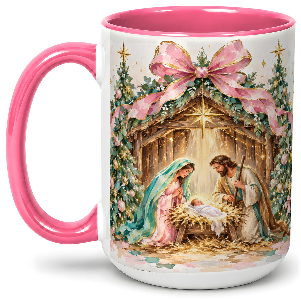 #pl[15oz|Pink] Nativity Scene Ceramic Mug, Christmas Religious Holiday Artwork