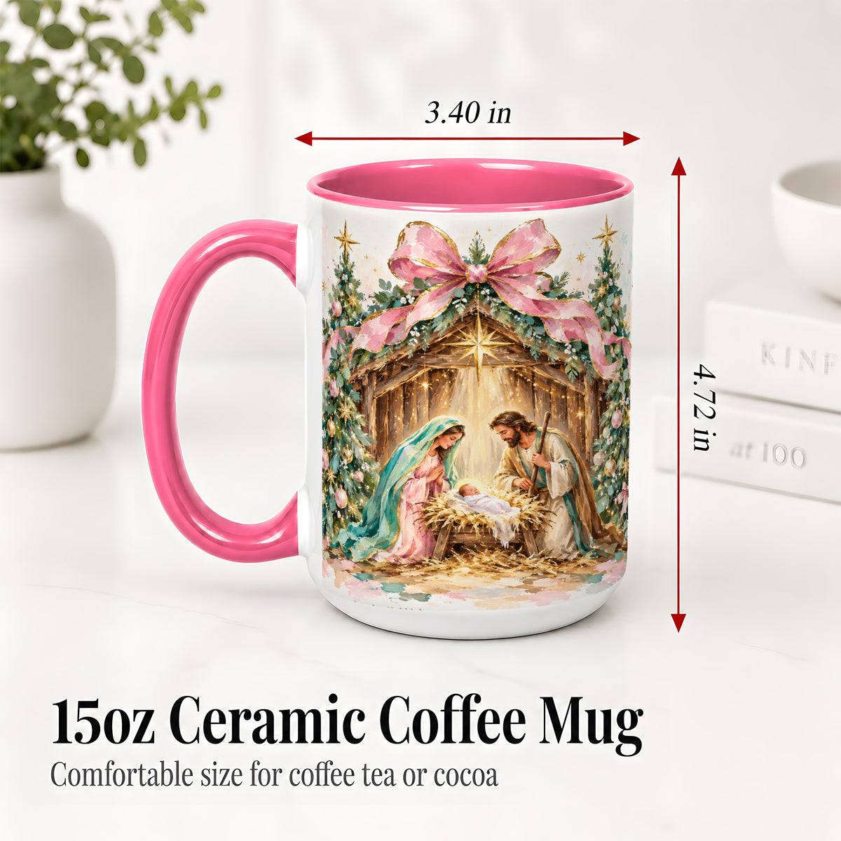 #pl[15oz|Pink] Nativity Scene Ceramic Mug, Christmas Religious Holiday Artwork