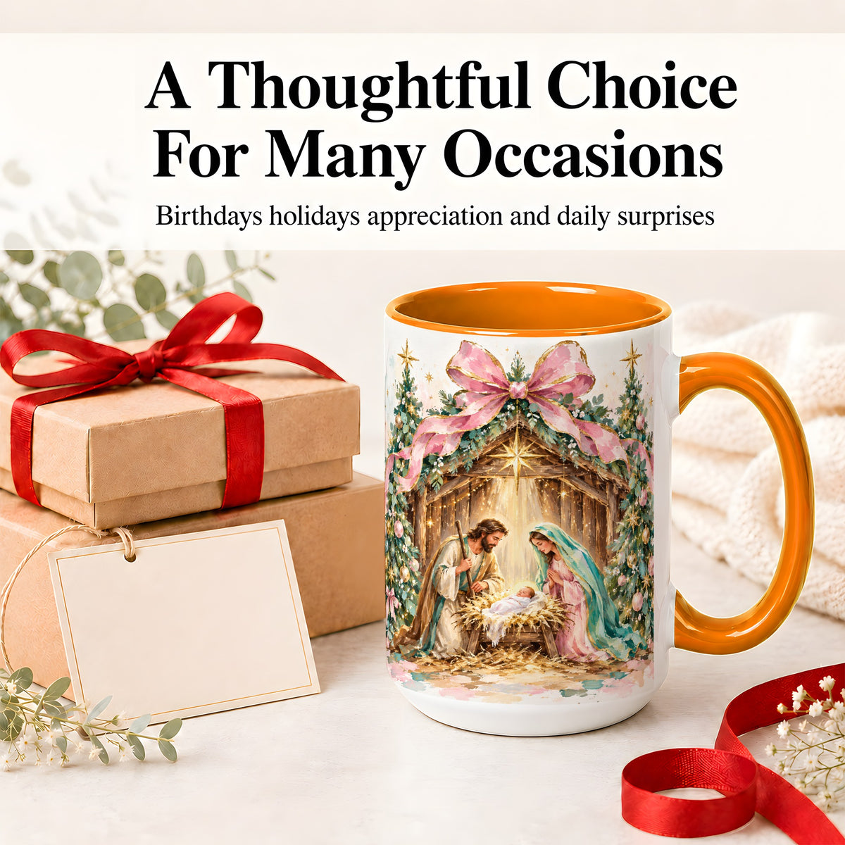 #pl[15oz|Orange] Nativity Scene Ceramic Mug, Christmas Religious Holiday Artwork