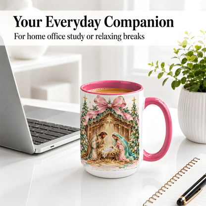 #pl[15oz|Pink] Nativity Scene Ceramic Mug, Christmas Religious Holiday Artwork
