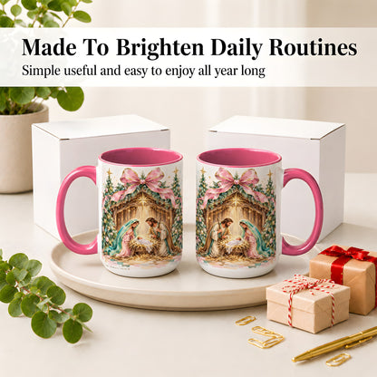 #pl[15oz|Pink] Nativity Scene Ceramic Mug, Christmas Religious Holiday Artwork