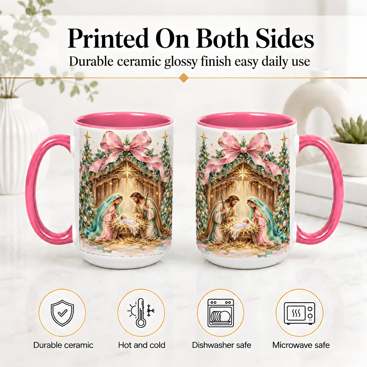 #pl[15oz|Pink] Nativity Scene Ceramic Mug, Christmas Religious Holiday Artwork