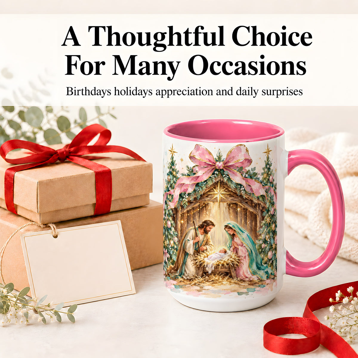 #pl[15oz|Pink] Nativity Scene Ceramic Mug, Christmas Religious Holiday Artwork