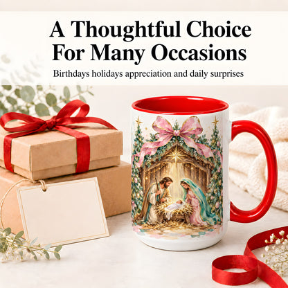 #pl[15oz|Red] Nativity Scene Ceramic Mug, Christmas Religious Holiday Artwork