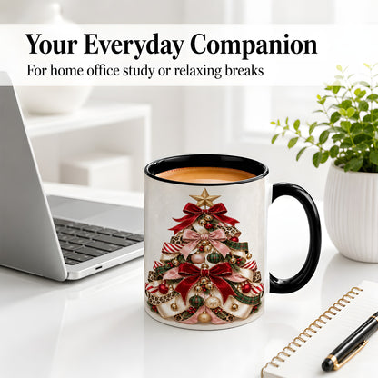 #pl[11oz|Black] Ribbon Christmas Tree Ceramic Mug, Festive Ornament Artwork