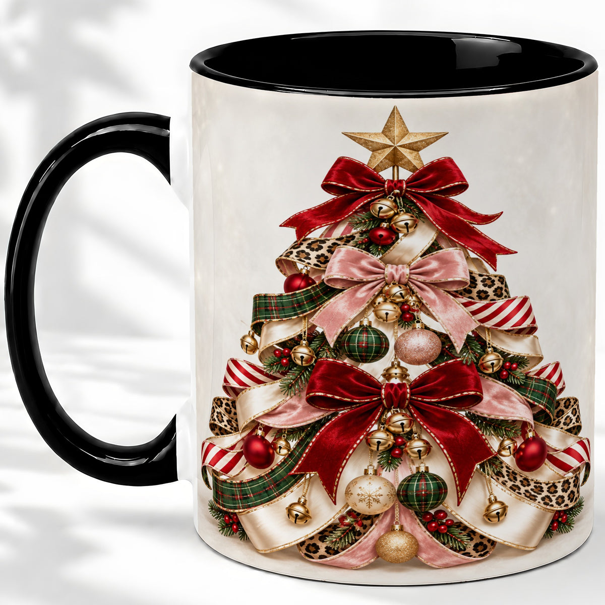 #pl[11oz|Black] Ribbon Christmas Tree Ceramic Mug, Festive Ornament Artwork