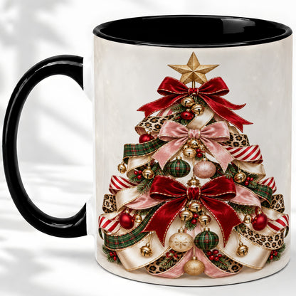 #pl[11oz|Black] Ribbon Christmas Tree Ceramic Mug, Festive Ornament Artwork