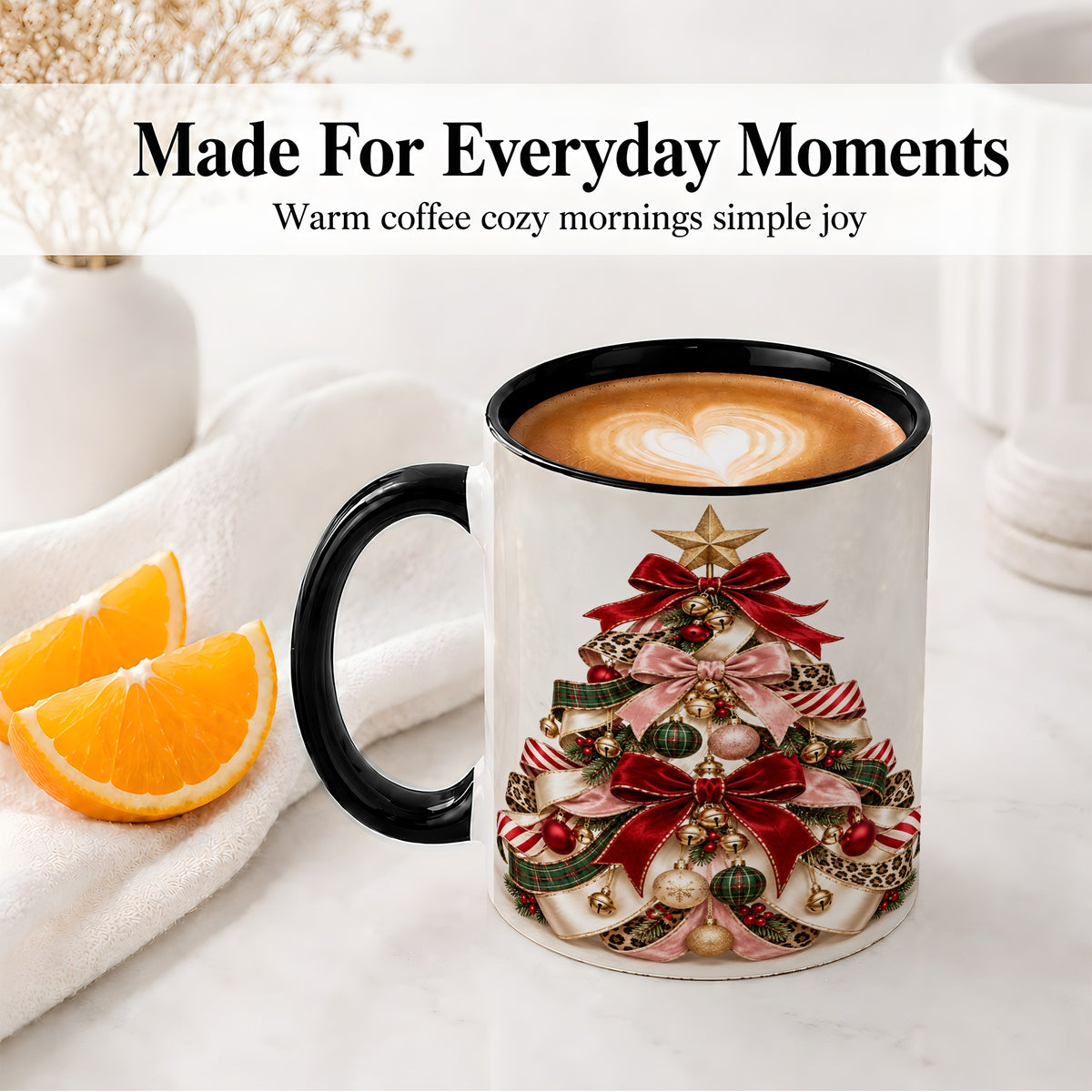 #pl[11oz|Black] Ribbon Christmas Tree Ceramic Mug, Festive Ornament Artwork