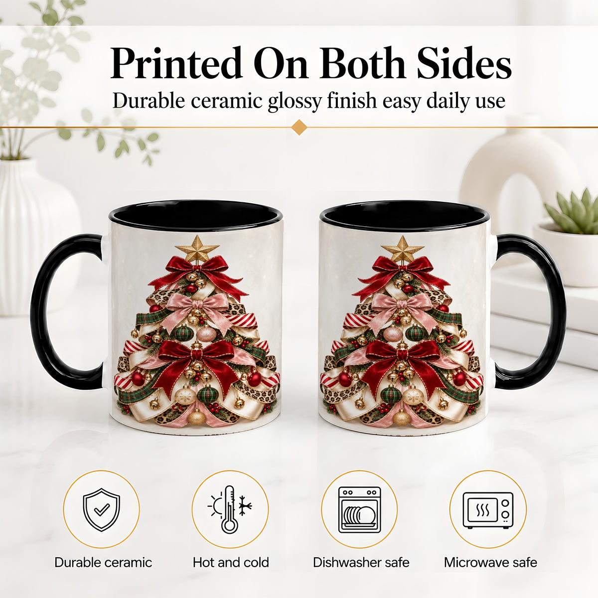 #pl[11oz|Black] Ribbon Christmas Tree Ceramic Mug, Festive Ornament Artwork