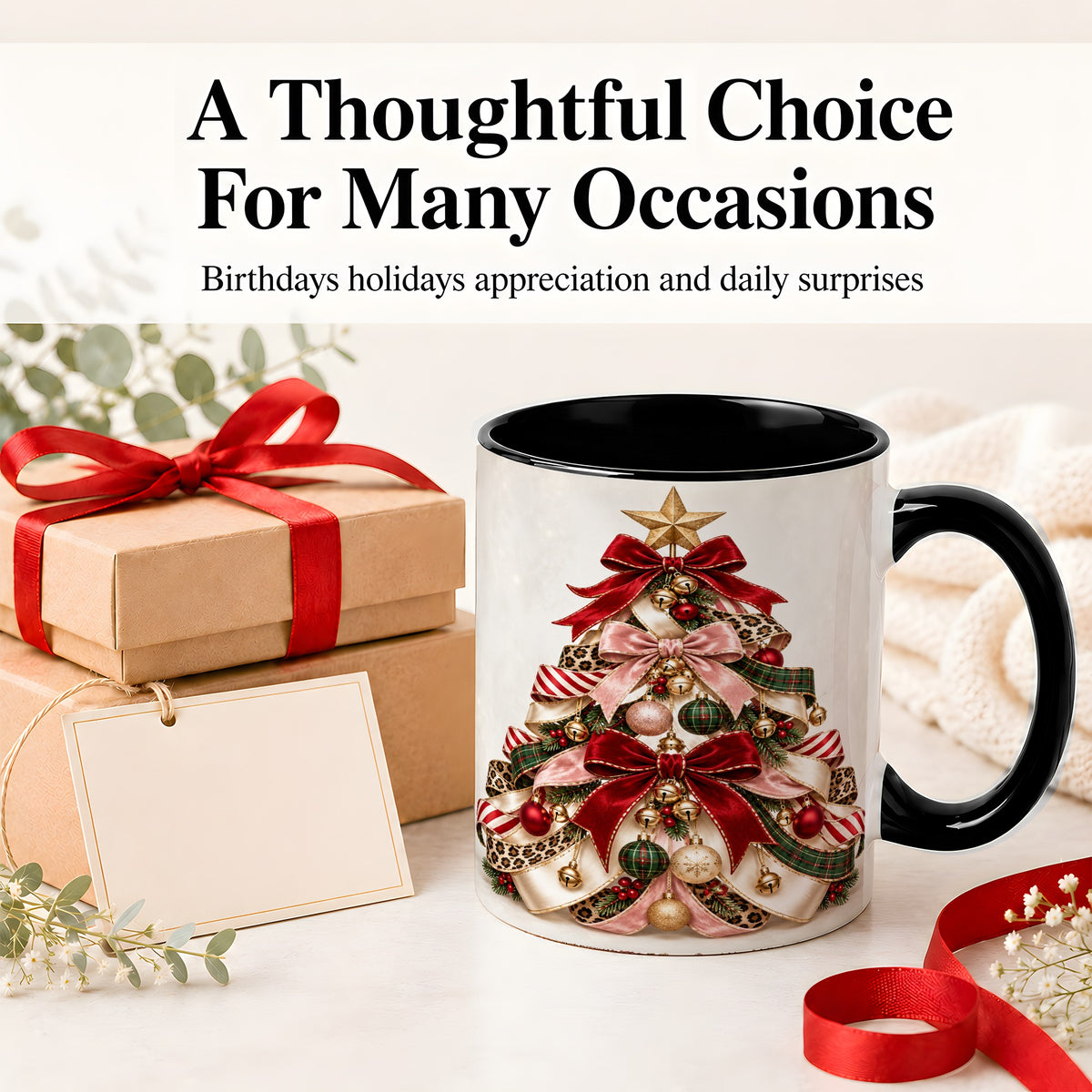 #pl[11oz|Black] Ribbon Christmas Tree Ceramic Mug, Festive Ornament Artwork