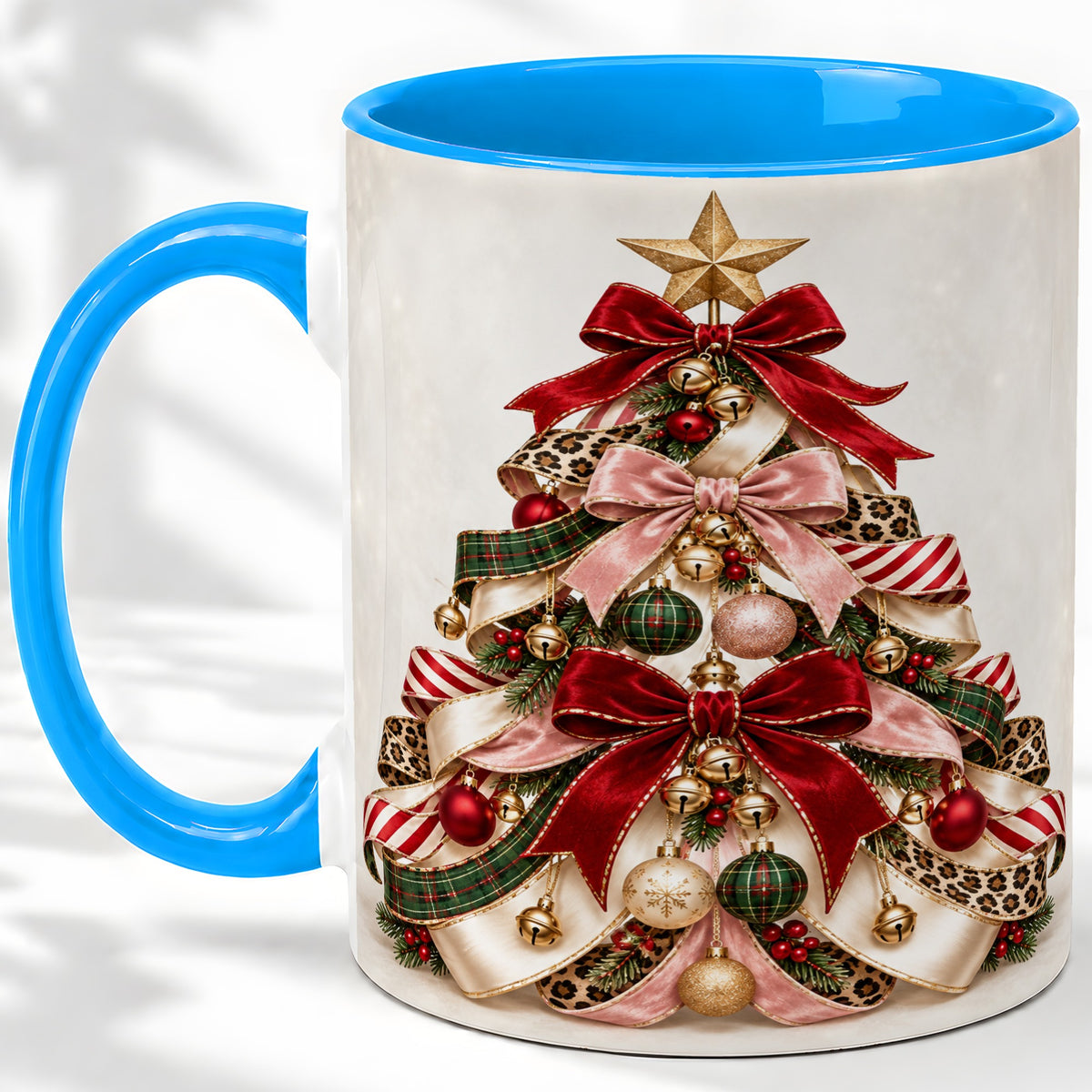 #pl[11oz|Blue] Ribbon Christmas Tree Ceramic Mug, Festive Ornament Artwork