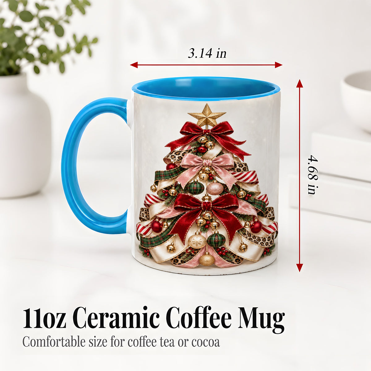 #pl[11oz|Blue] Ribbon Christmas Tree Ceramic Mug, Festive Ornament Artwork