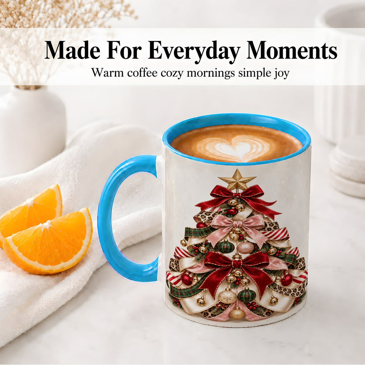 #pl[11oz|Blue] Ribbon Christmas Tree Ceramic Mug, Festive Ornament Artwork