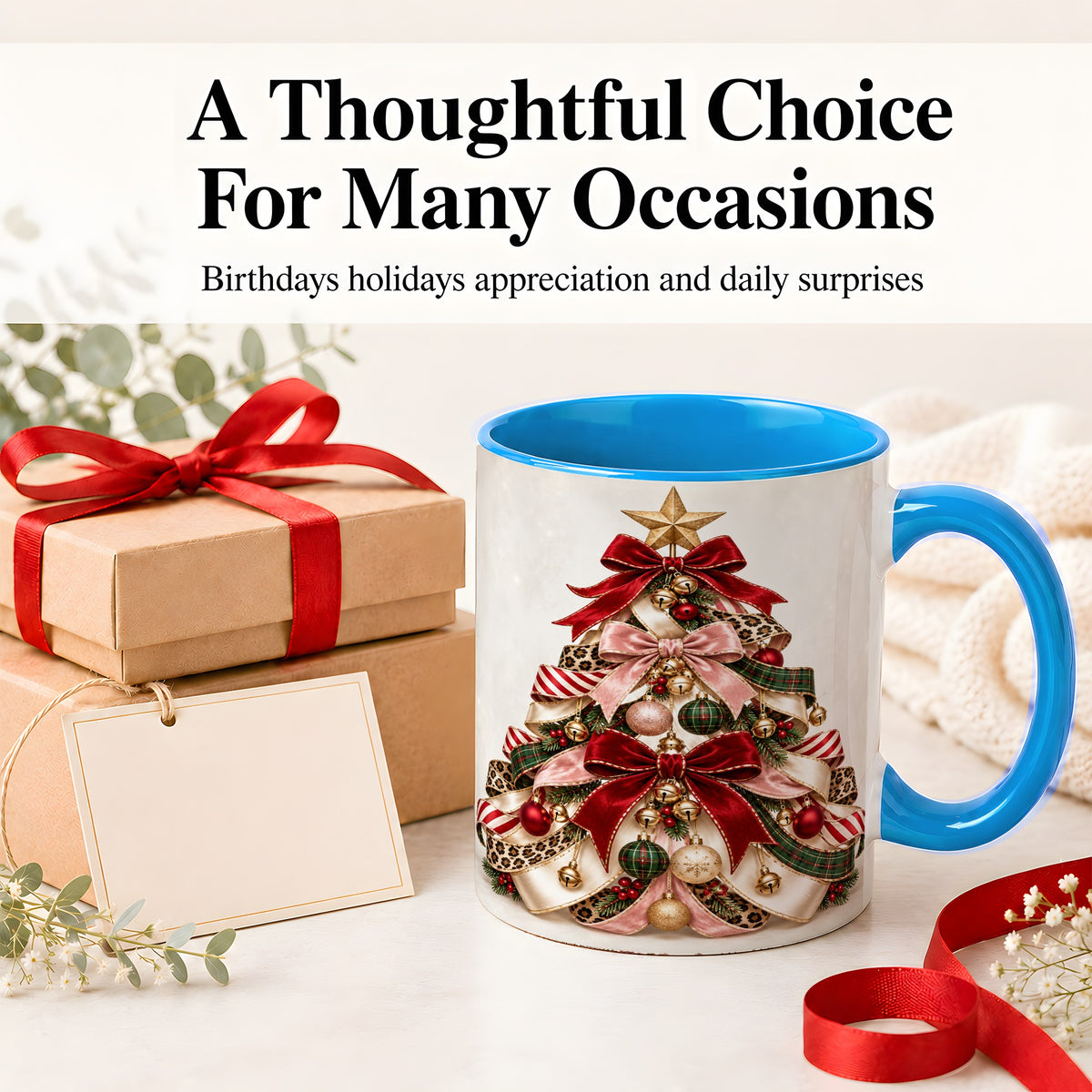 #pl[11oz|Blue] Ribbon Christmas Tree Ceramic Mug, Festive Ornament Artwork