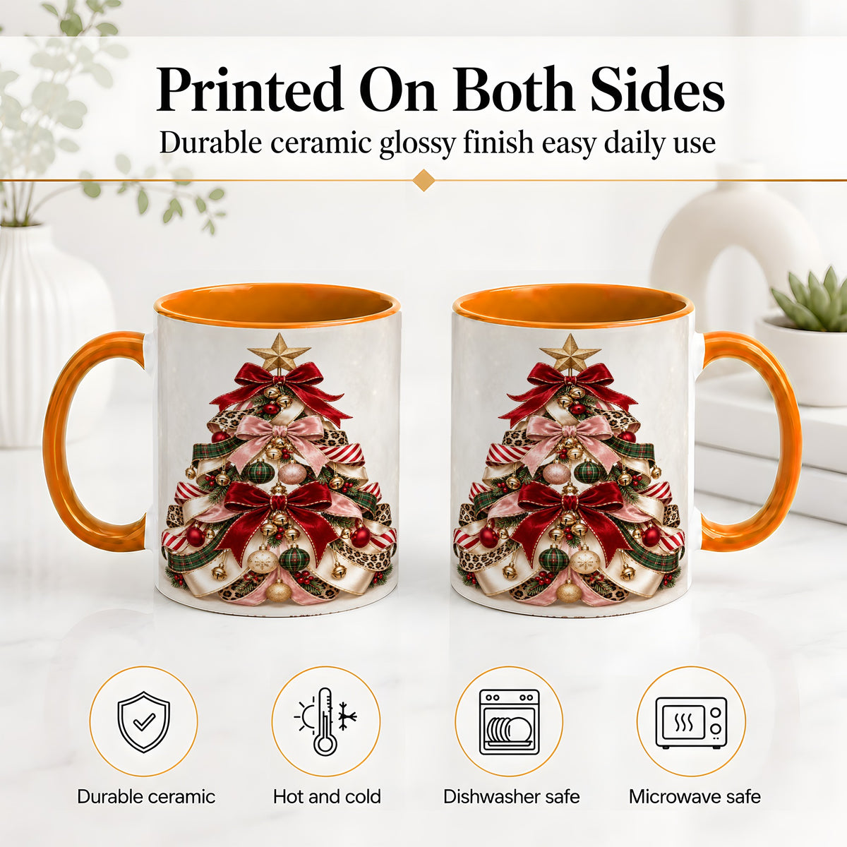 #pl[11oz|Orange] Ribbon Christmas Tree Ceramic Mug, Festive Ornament Artwork