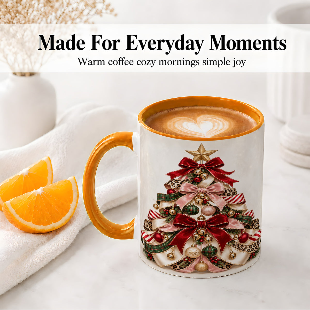#pl[11oz|Orange] Ribbon Christmas Tree Ceramic Mug, Festive Ornament Artwork