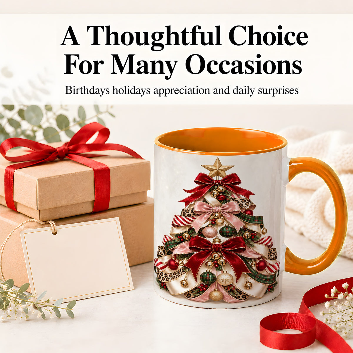#pl[11oz|Orange] Ribbon Christmas Tree Ceramic Mug, Festive Ornament Artwork