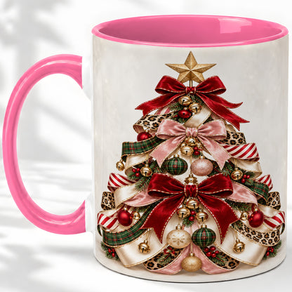 #pl[11oz|Pink] Ribbon Christmas Tree Ceramic Mug, Festive Ornament Artwork
