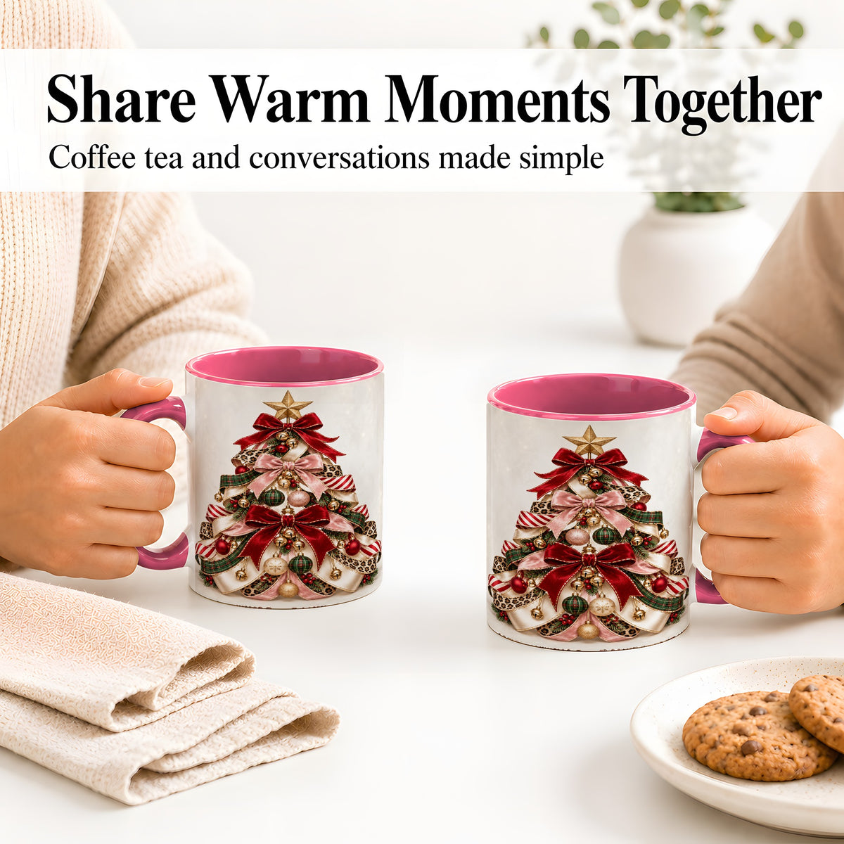 #pl[11oz|Pink] Ribbon Christmas Tree Ceramic Mug, Festive Ornament Artwork