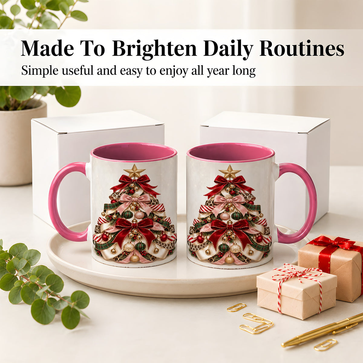 #pl[11oz|Pink] Ribbon Christmas Tree Ceramic Mug, Festive Ornament Artwork
