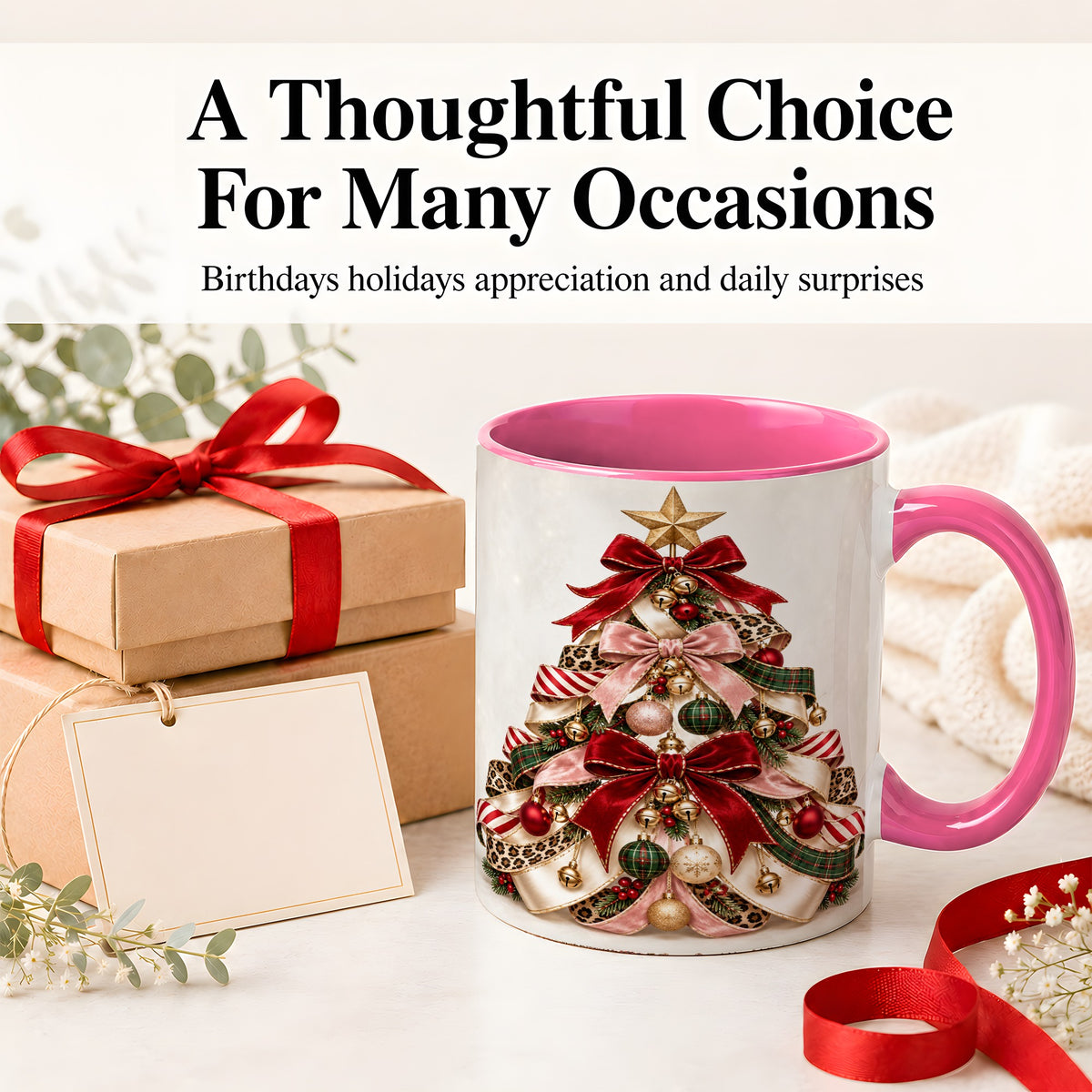 #pl[11oz|Pink] Ribbon Christmas Tree Ceramic Mug, Festive Ornament Artwork