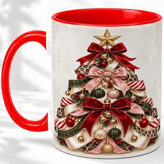 Ribbon Christmas Tree Ceramic Mug, Festive Ornament Artwork