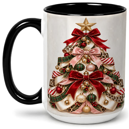 #pl[15oz|Black] Ribbon Christmas Tree Ceramic Mug, Festive Ornament Artwork