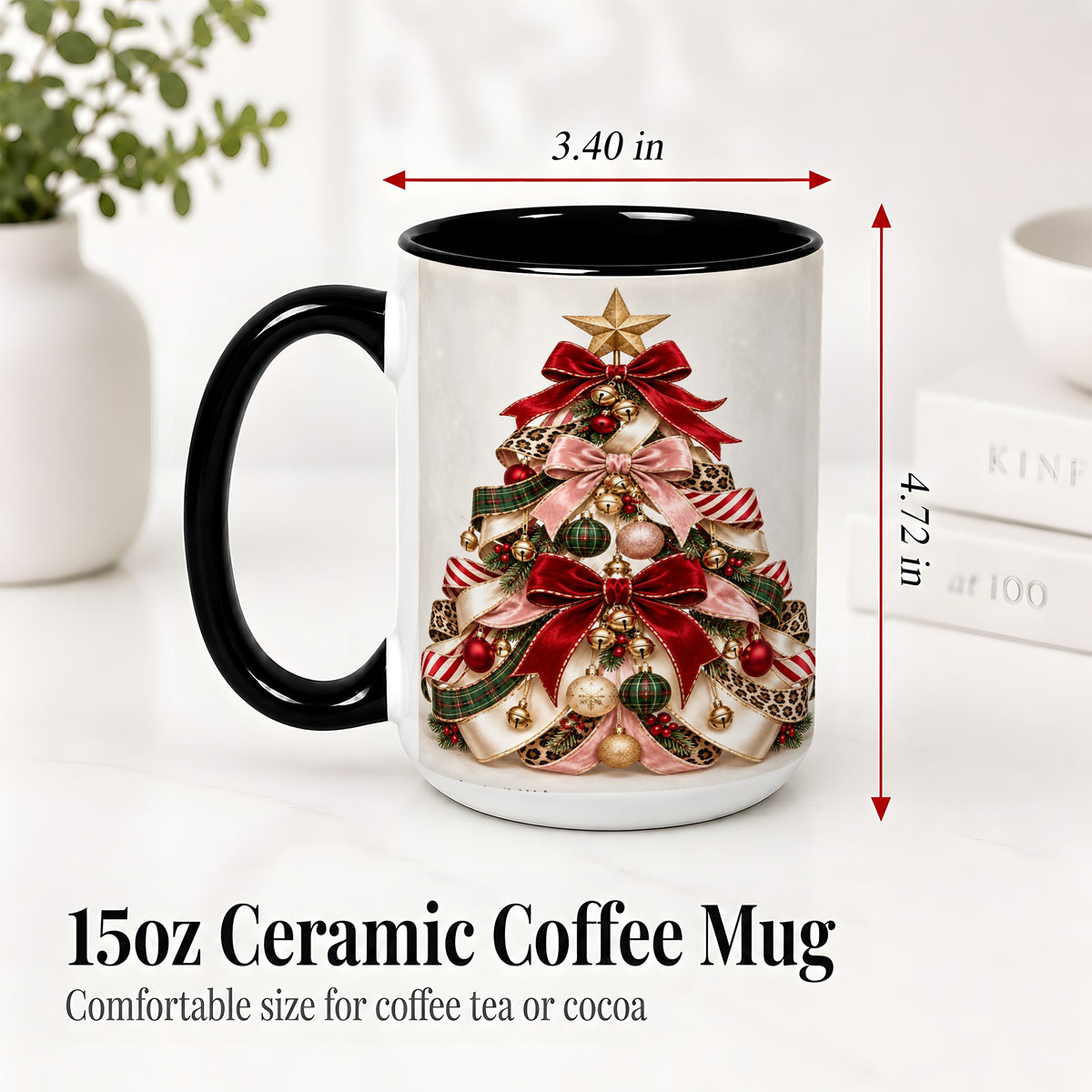 #pl[15oz|Black] Ribbon Christmas Tree Ceramic Mug, Festive Ornament Artwork