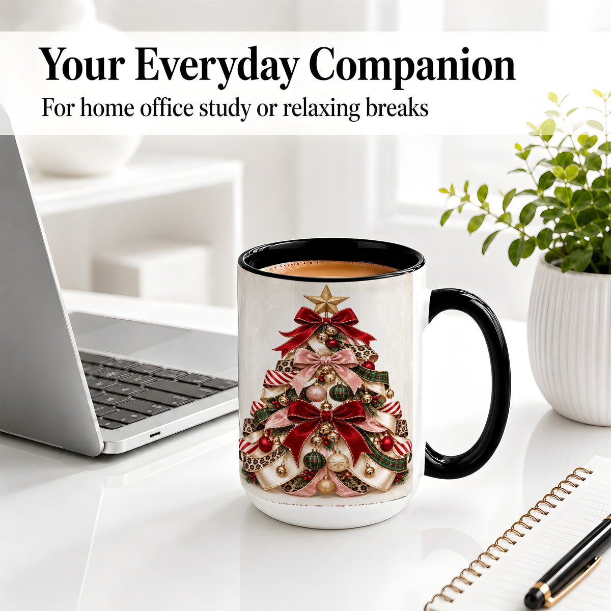 #pl[15oz|Black] Ribbon Christmas Tree Ceramic Mug, Festive Ornament Artwork