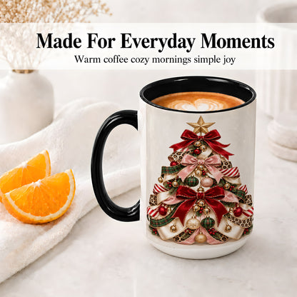 #pl[15oz|Black] Ribbon Christmas Tree Ceramic Mug, Festive Ornament Artwork