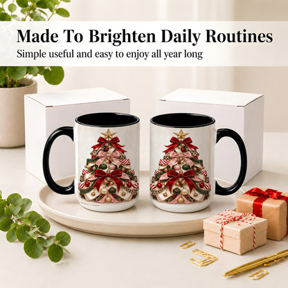 #pl[15oz|Black] Ribbon Christmas Tree Ceramic Mug, Festive Ornament Artwork
