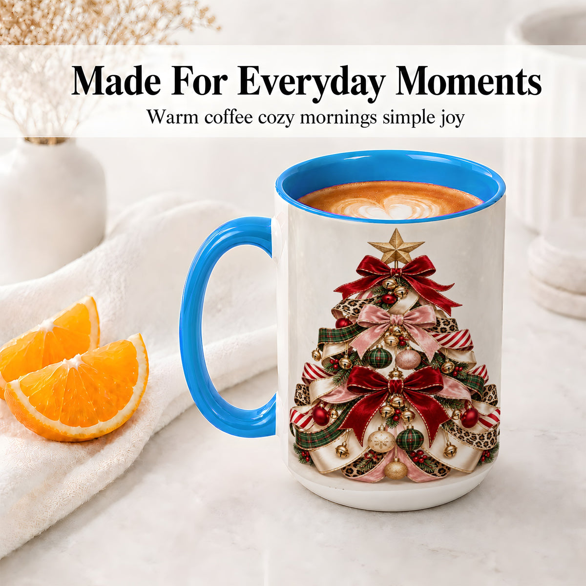 #pl[15oz|Blue] Ribbon Christmas Tree Ceramic Mug, Festive Ornament Artwork