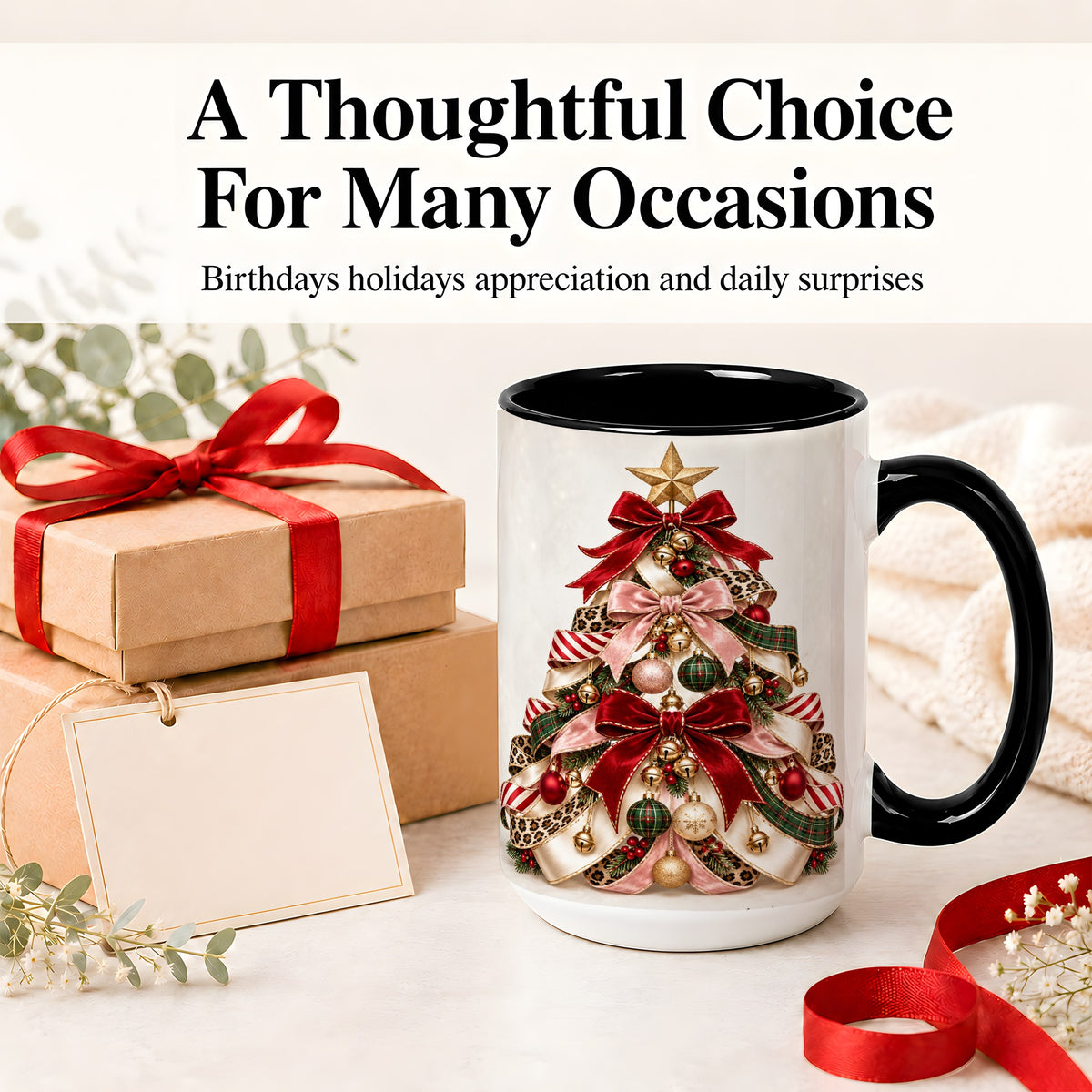 #pl[15oz|Black] Ribbon Christmas Tree Ceramic Mug, Festive Ornament Artwork