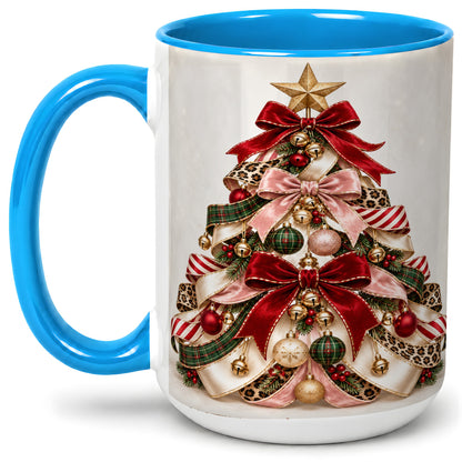 #pl[15oz|Blue] Ribbon Christmas Tree Ceramic Mug, Festive Ornament Artwork