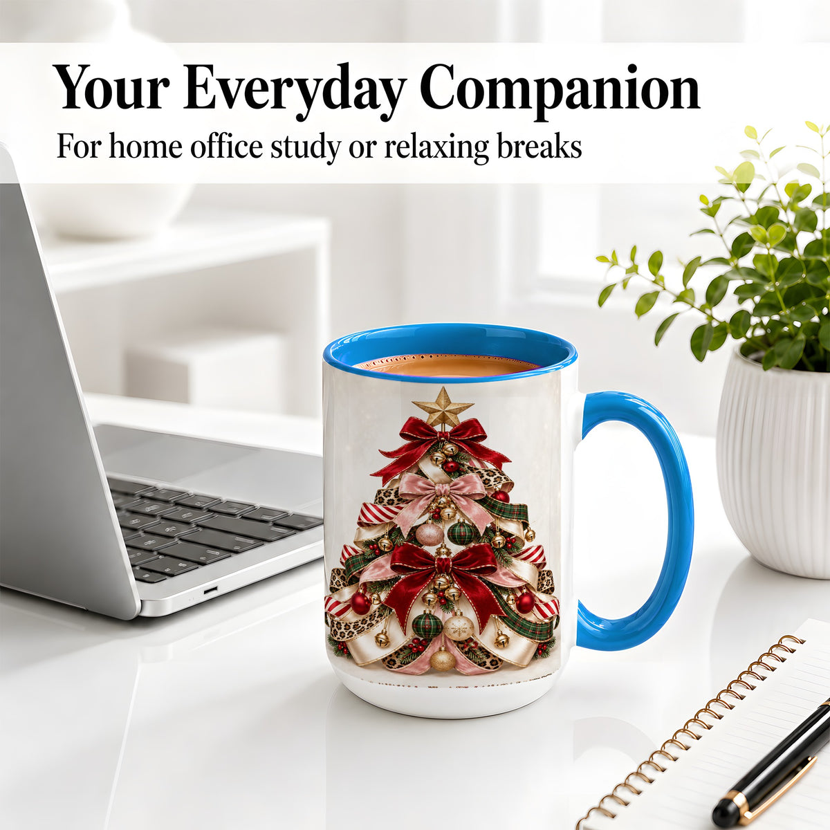 #pl[15oz|Blue] Ribbon Christmas Tree Ceramic Mug, Festive Ornament Artwork
