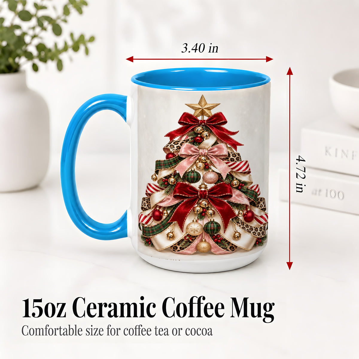 #pl[15oz|Blue] Ribbon Christmas Tree Ceramic Mug, Festive Ornament Artwork