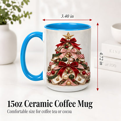 #pl[15oz|Blue] Ribbon Christmas Tree Ceramic Mug, Festive Ornament Artwork