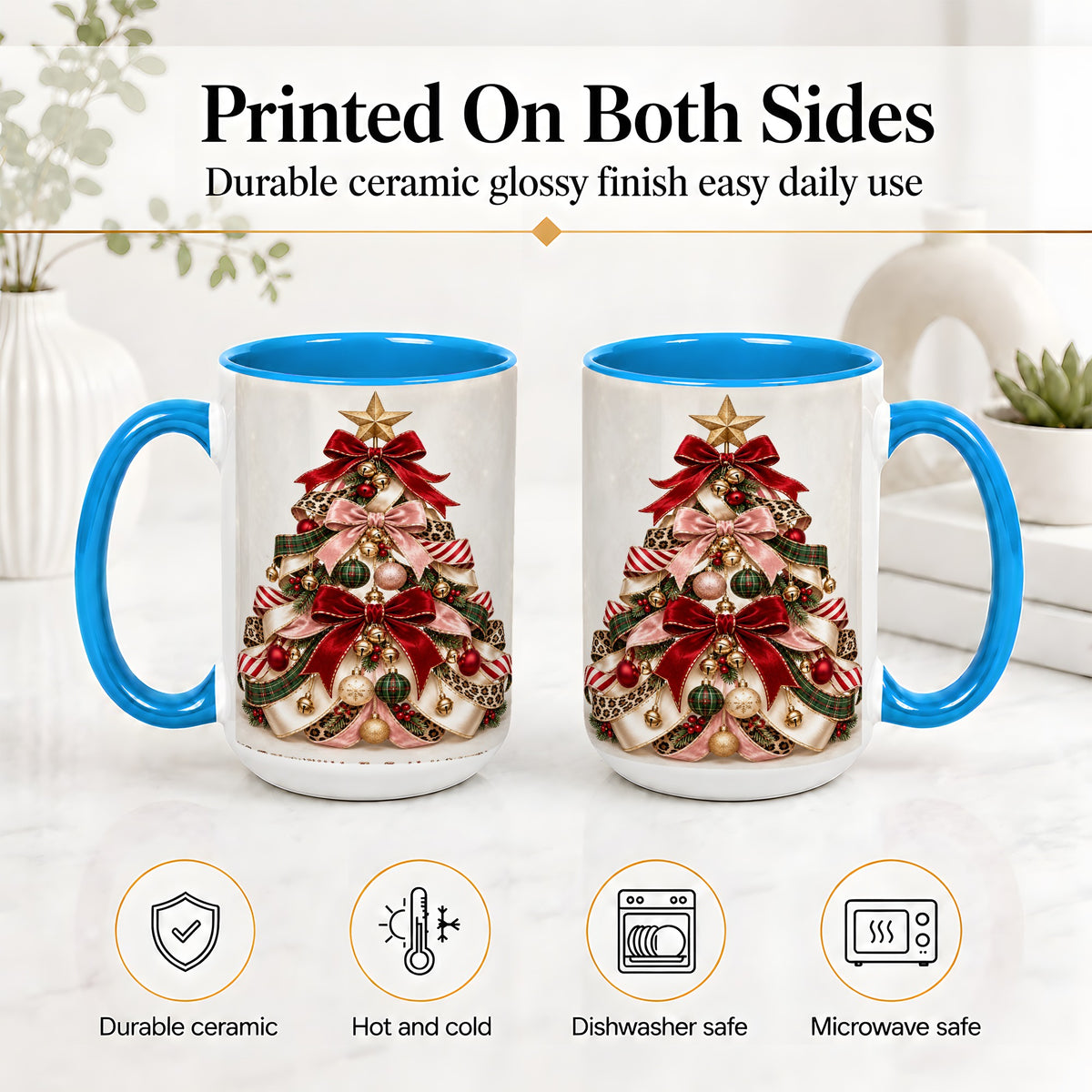 #pl[15oz|Blue] Ribbon Christmas Tree Ceramic Mug, Festive Ornament Artwork