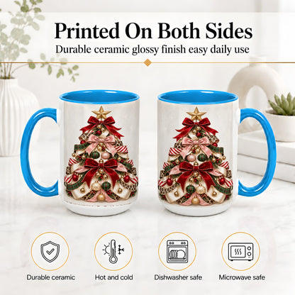#pl[15oz|Blue] Ribbon Christmas Tree Ceramic Mug, Festive Ornament Artwork