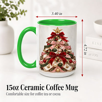 #pl[15oz|Green] Ribbon Christmas Tree Ceramic Mug, Festive Ornament Artwork
