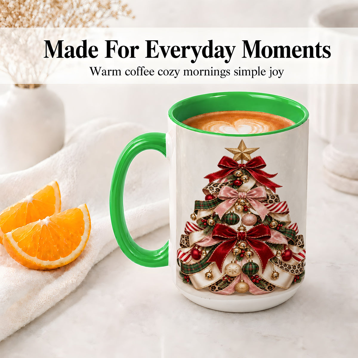 #pl[15oz|Green] Ribbon Christmas Tree Ceramic Mug, Festive Ornament Artwork