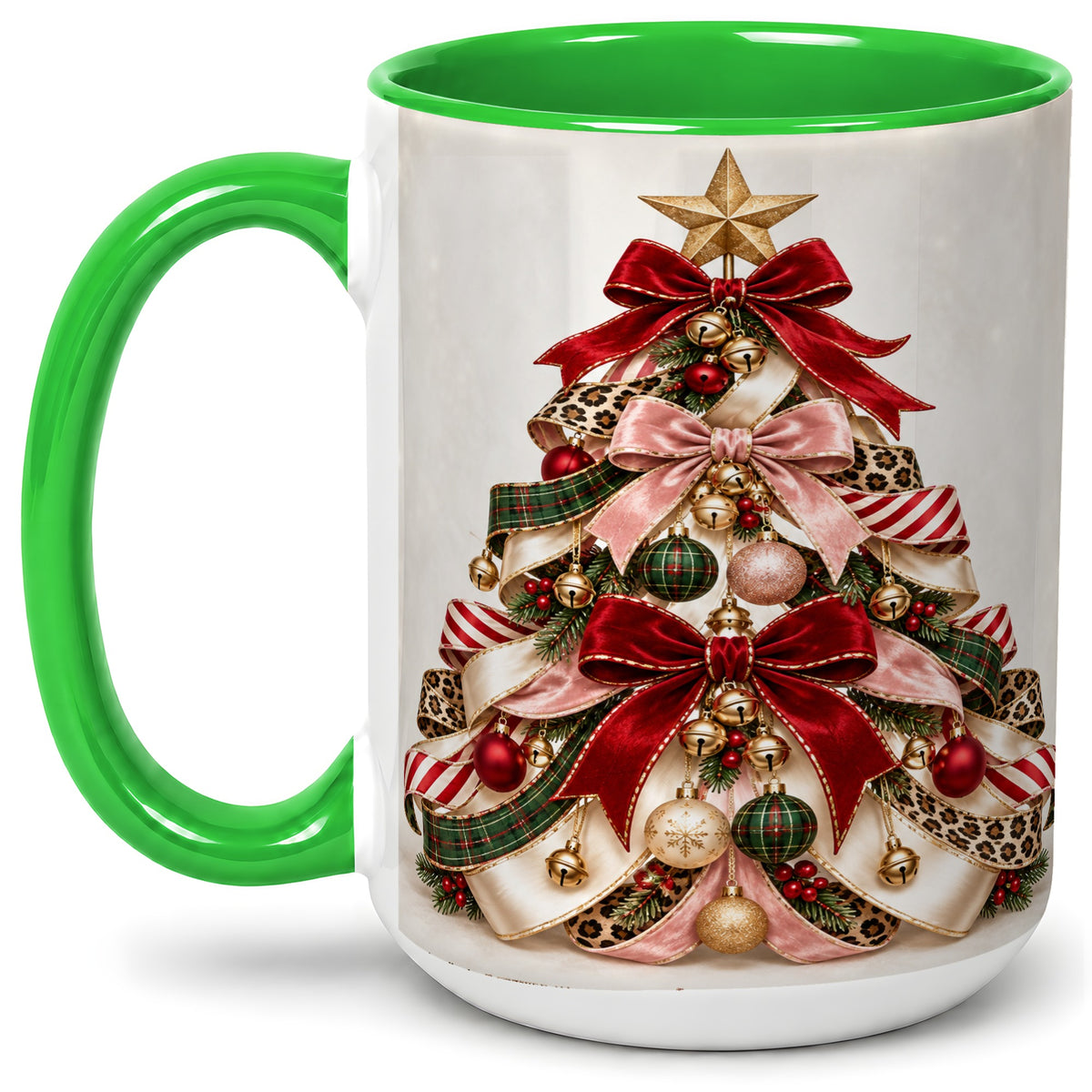 #pl[15oz|Green] Ribbon Christmas Tree Ceramic Mug, Festive Ornament Artwork