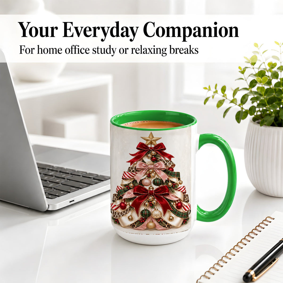 #pl[15oz|Green] Ribbon Christmas Tree Ceramic Mug, Festive Ornament Artwork