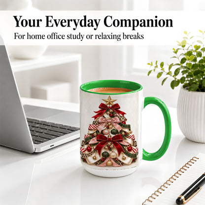 #pl[15oz|Green] Ribbon Christmas Tree Ceramic Mug, Festive Ornament Artwork