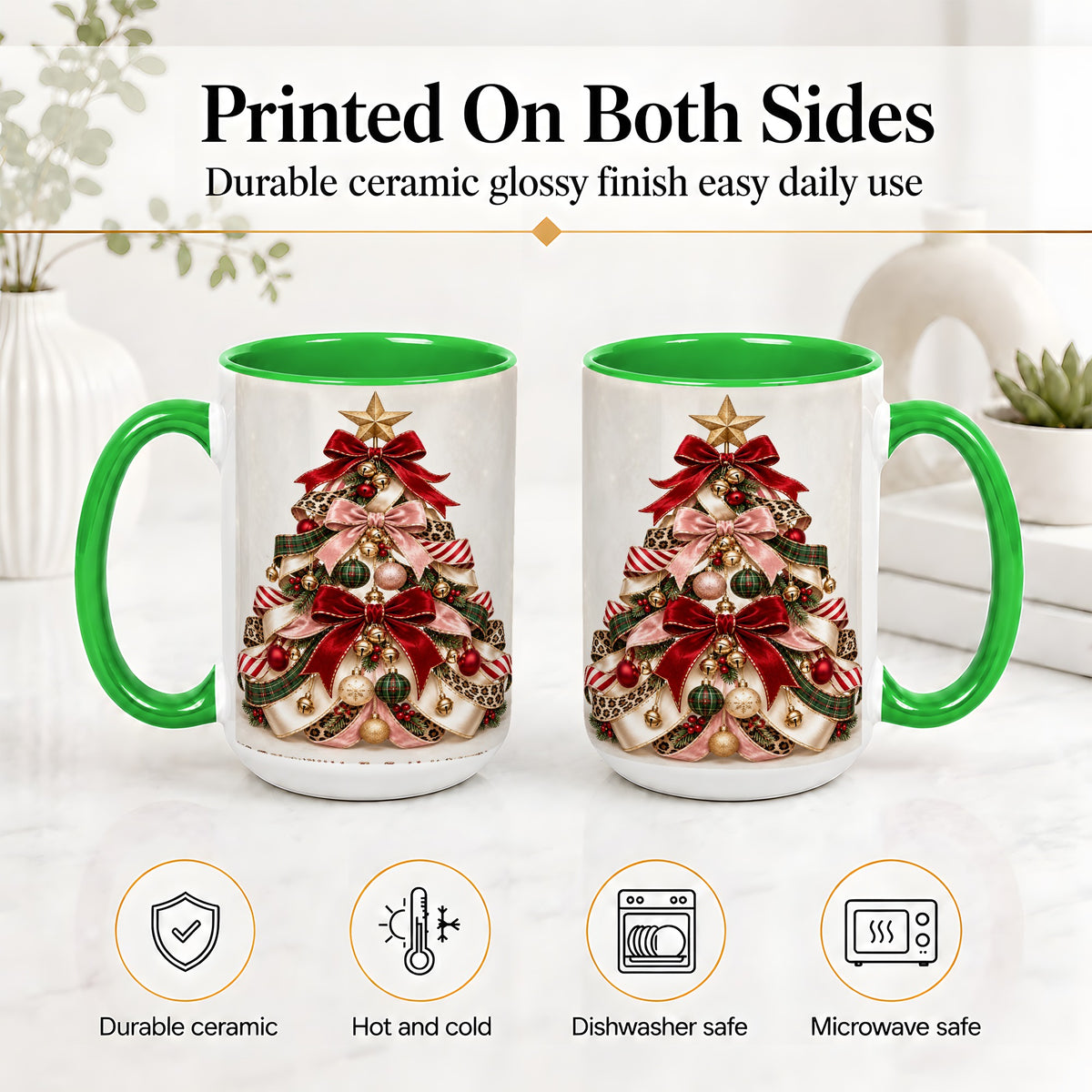 #pl[15oz|Green] Ribbon Christmas Tree Ceramic Mug, Festive Ornament Artwork