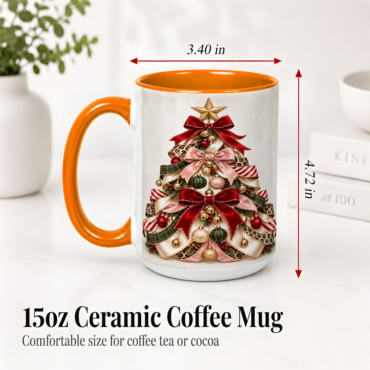 #pl[15oz|Orange] Ribbon Christmas Tree Ceramic Mug, Festive Ornament Artwork