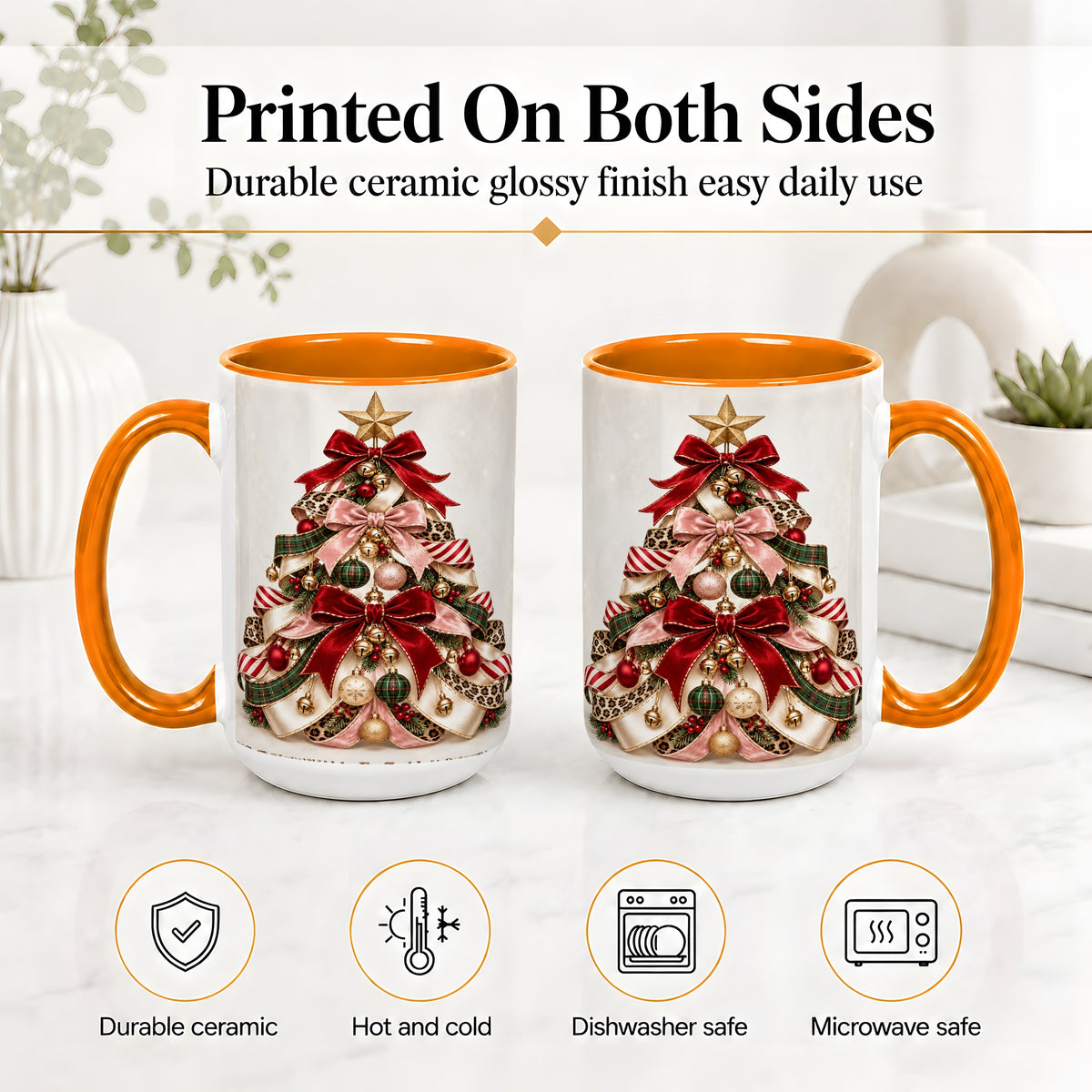 #pl[15oz|Orange] Ribbon Christmas Tree Ceramic Mug, Festive Ornament Artwork