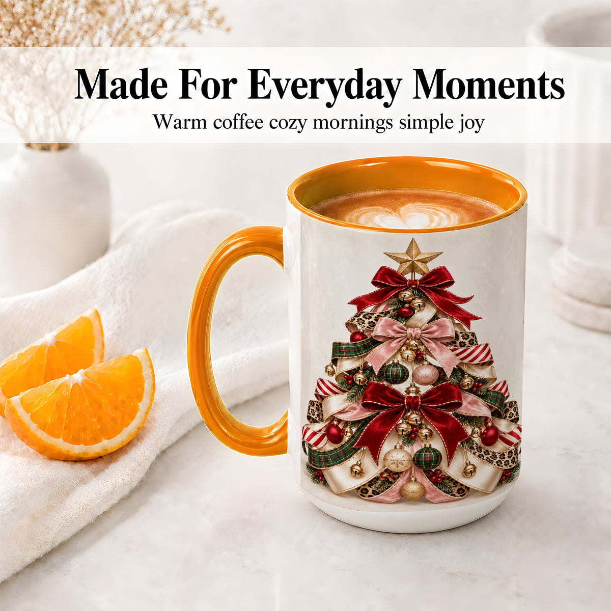 #pl[15oz|Orange] Ribbon Christmas Tree Ceramic Mug, Festive Ornament Artwork