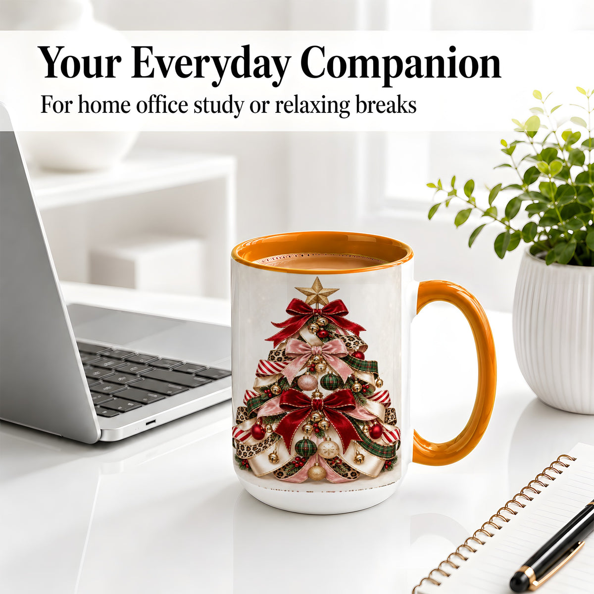 #pl[15oz|Orange] Ribbon Christmas Tree Ceramic Mug, Festive Ornament Artwork